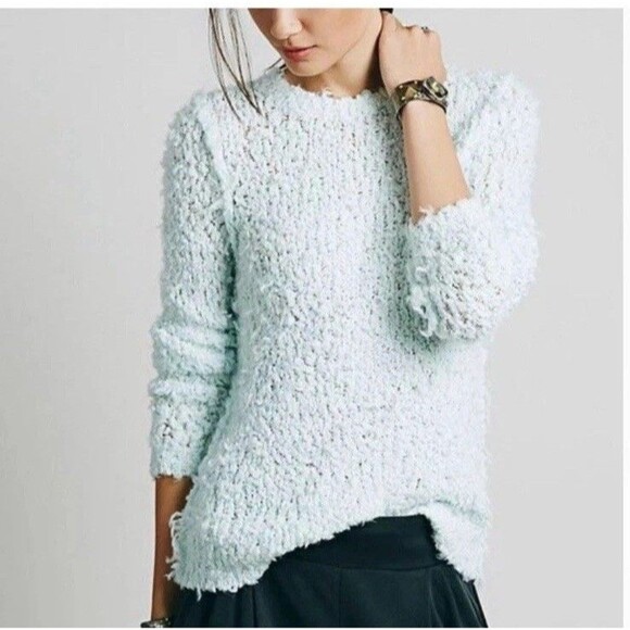 FREE PEOPLE September Song Polar‎ Bear Sweater Shaggy Knit Light Blue Women's L - Picture 1 of 12